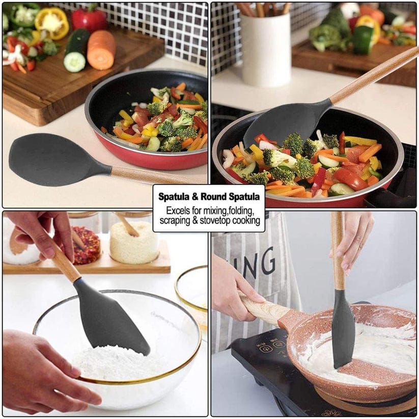 12pcs Silicone Cooking Utensil Set, Non-Stick Heat Resistant Kitchen With Wooden handle