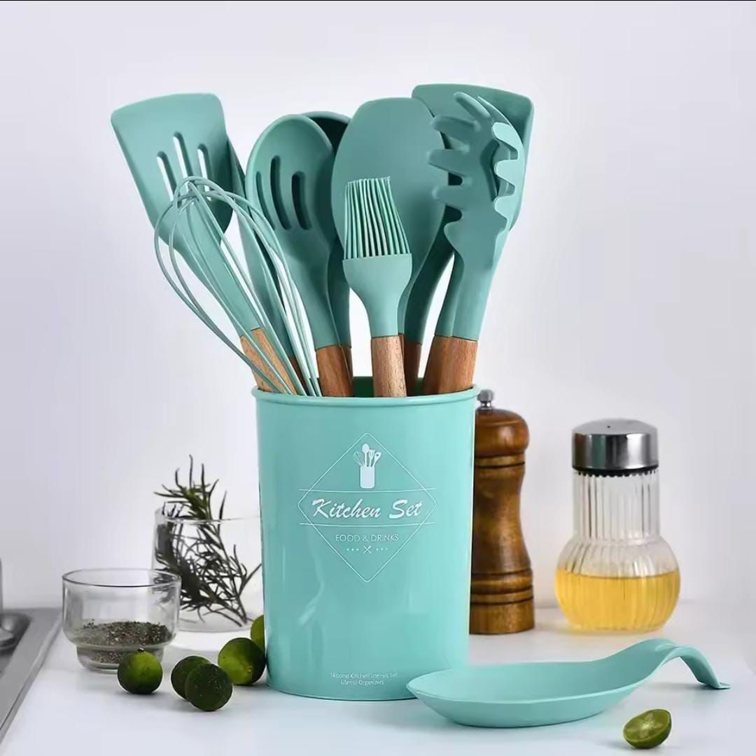 12pcs Silicone Cooking Utensil Set, Non-Stick Heat Resistant Kitchen With Wooden handle