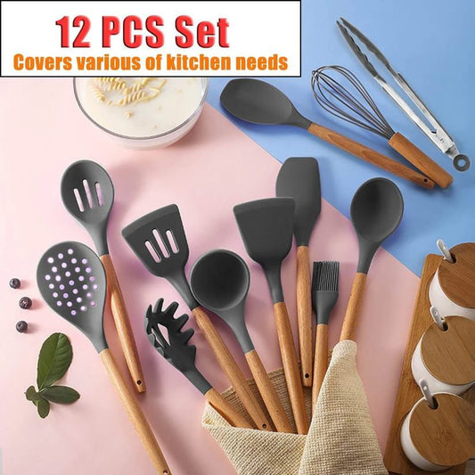 12pcs Silicone Cooking Utensil Set, Non-Stick Heat Resistant Kitchen With Wooden handle