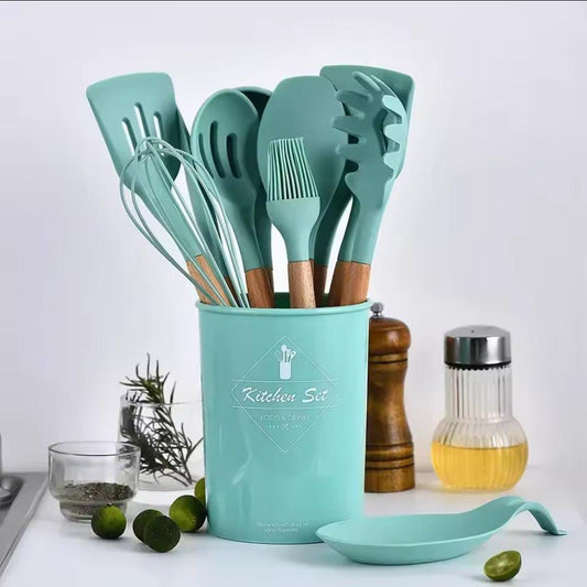 12pcs Silicone Cooking Utensil Set, Non-Stick Heat Resistant Kitchen With Wooden handle